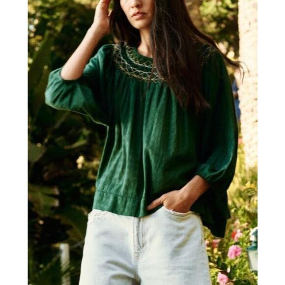 The Great NWT Sea Glass Top Palm Leaf Green Smocked Billowy Checked Cotton Top
